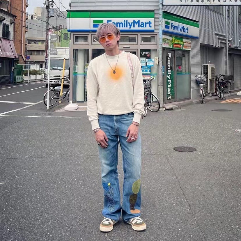 VINTAGE Hirata and macro ins wind cactus embroidery hand patch loose large size jeans