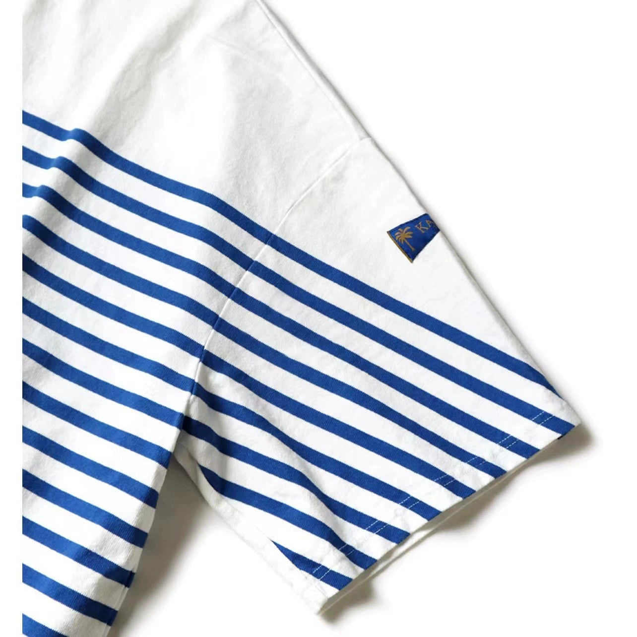 Blue and white striped loose three-flag five-point sleeve round neck short-sleeved T-shirt