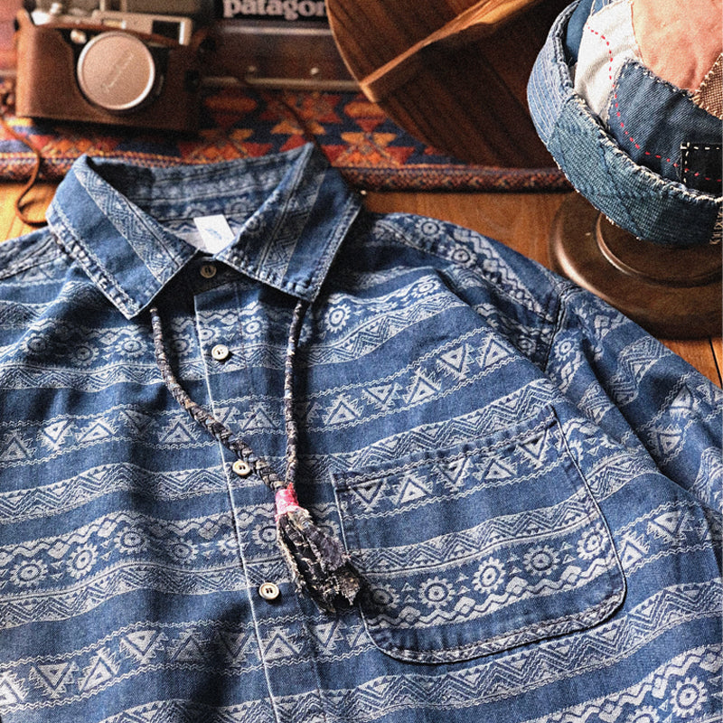 Spring and summer ethnic style youth retro men's loose shirt denim long-sleeved casual shirt top men's trend