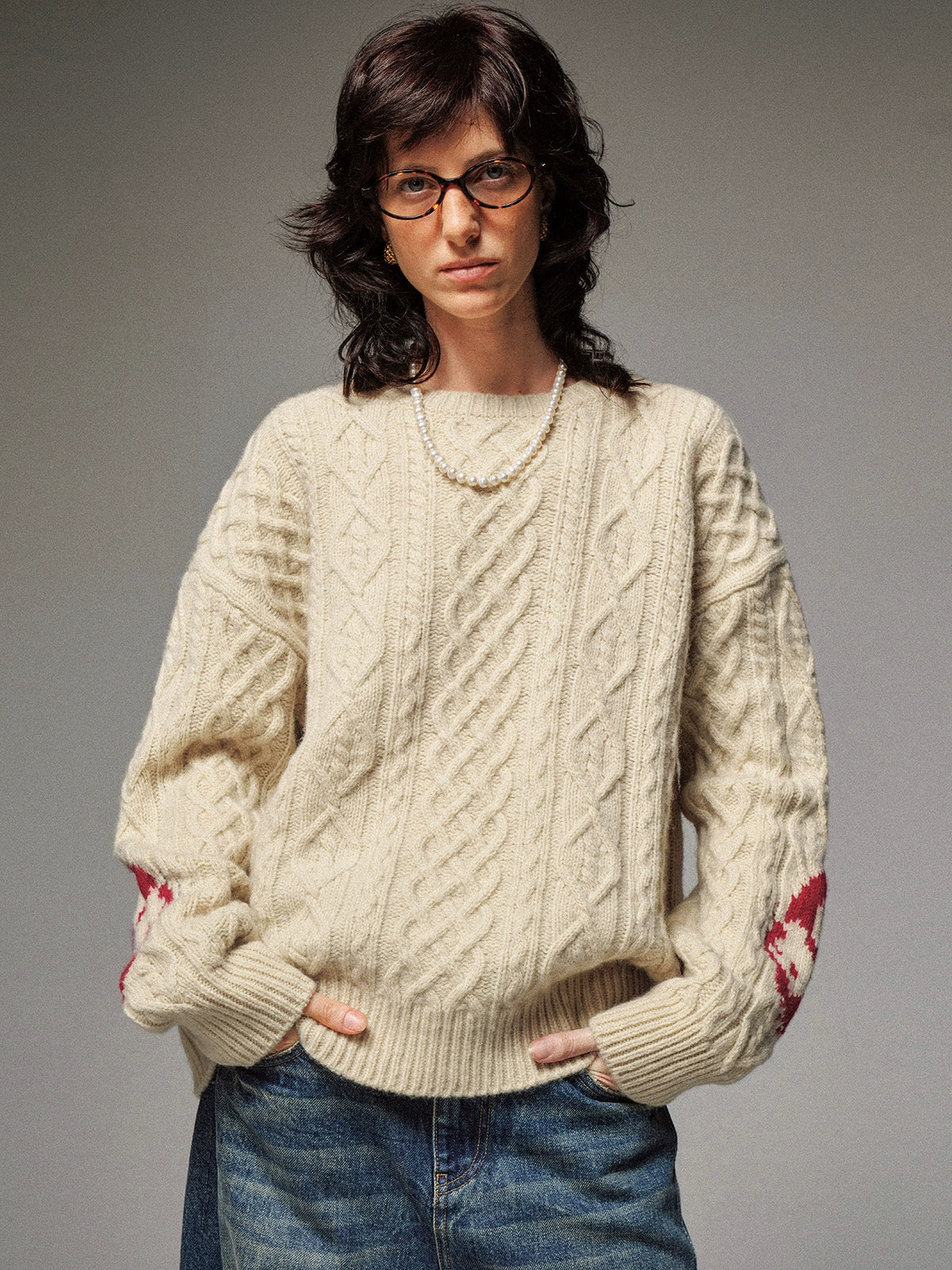 100 Wool Vintage Cable Intarsia Fisherman Sweater