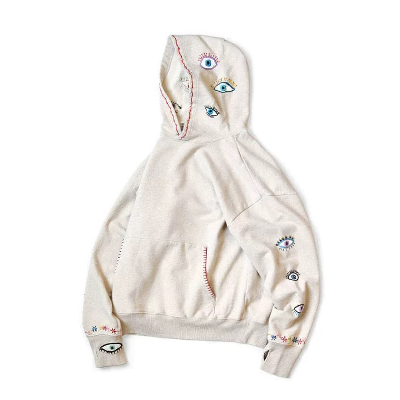 Japanese casual eyes fun embroidery cotton loose hooded sweater
