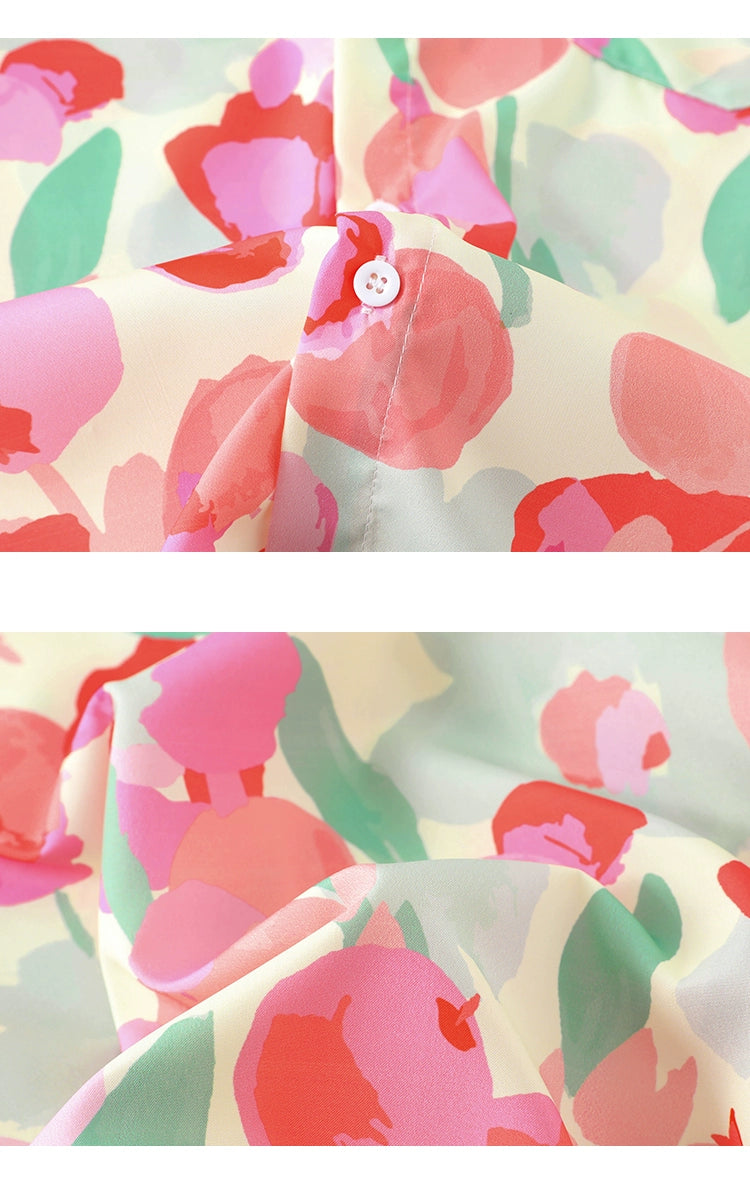Vintage Hong Kong style printed short-sleeved shirt loose bf casual flower shirt for men and women