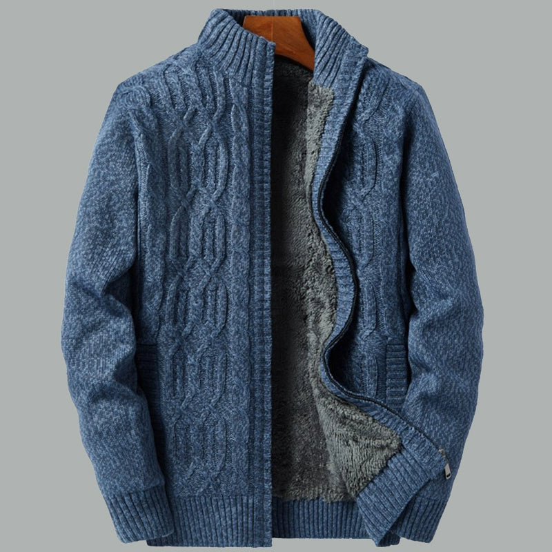 Temperament is stylish! Padded lamb fleece sweater men's winter stand-up collar jacquard knitted cardigan jacket