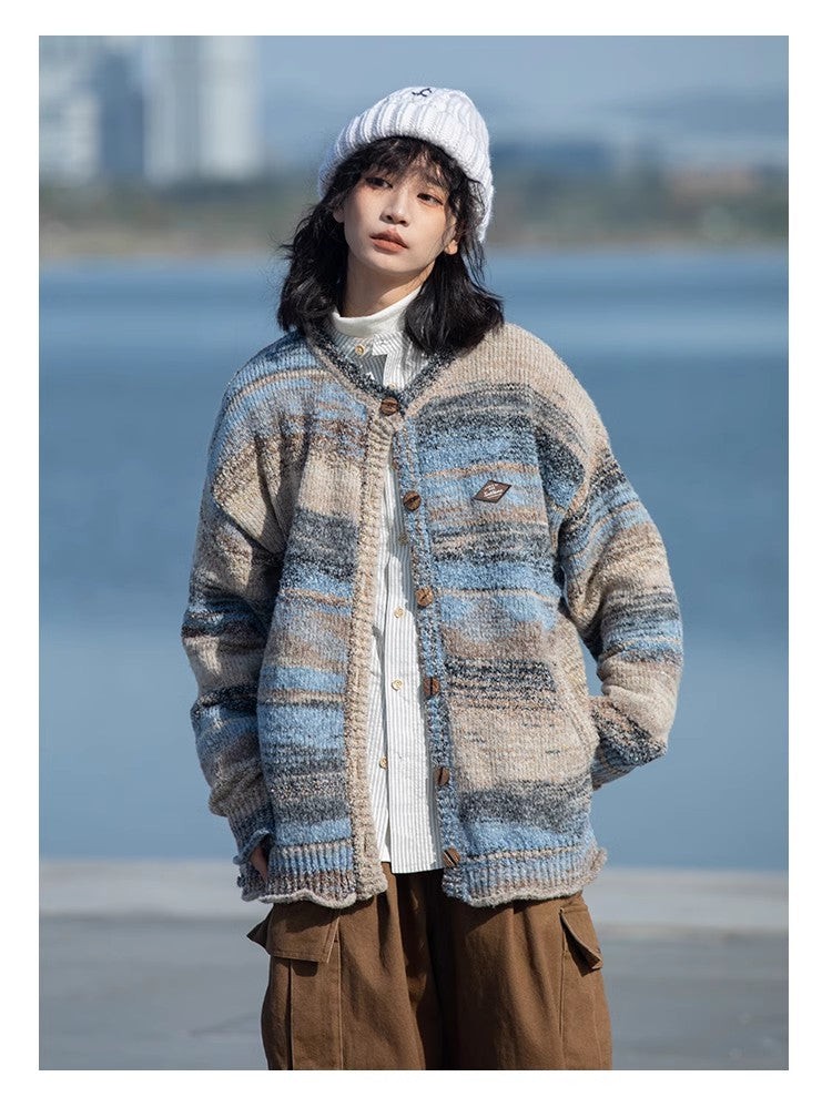 Japanese retro curled LOGO embroidery rainbow color gradient oil painting sweater jacket