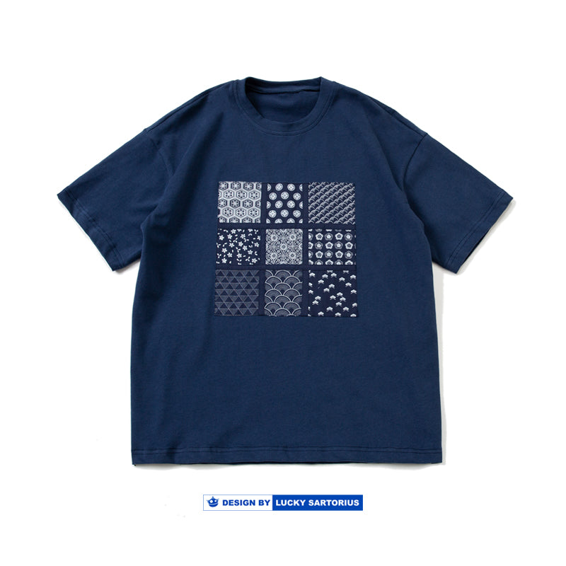 All cotton ethnic blue printed fabric nine-square check sticker printed T-shirt