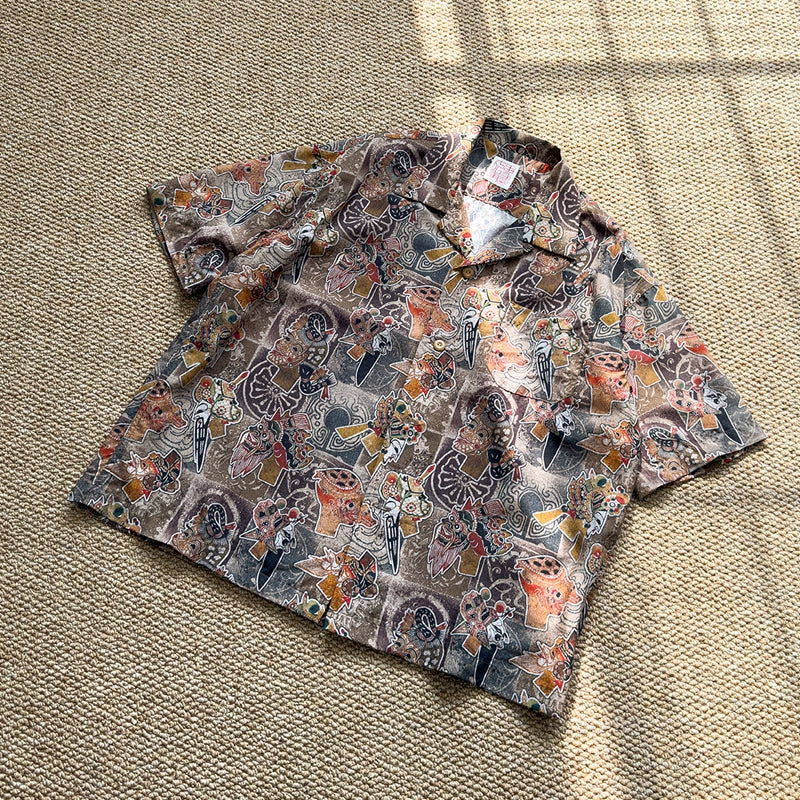 Chinese style elements, traditional Sichuan opera, face painting, shadow puppet play elements, printed ice sense Tencel, Cuban collar loose shirt, men and women