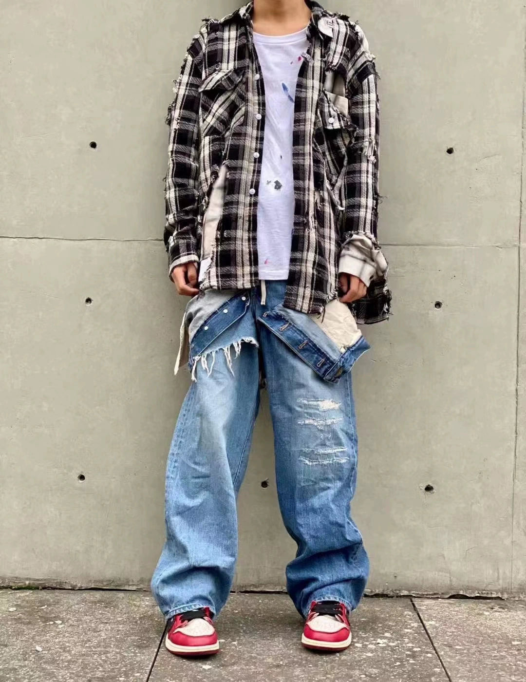 Japanese black and white checkered distressed double-layer shirt jacket