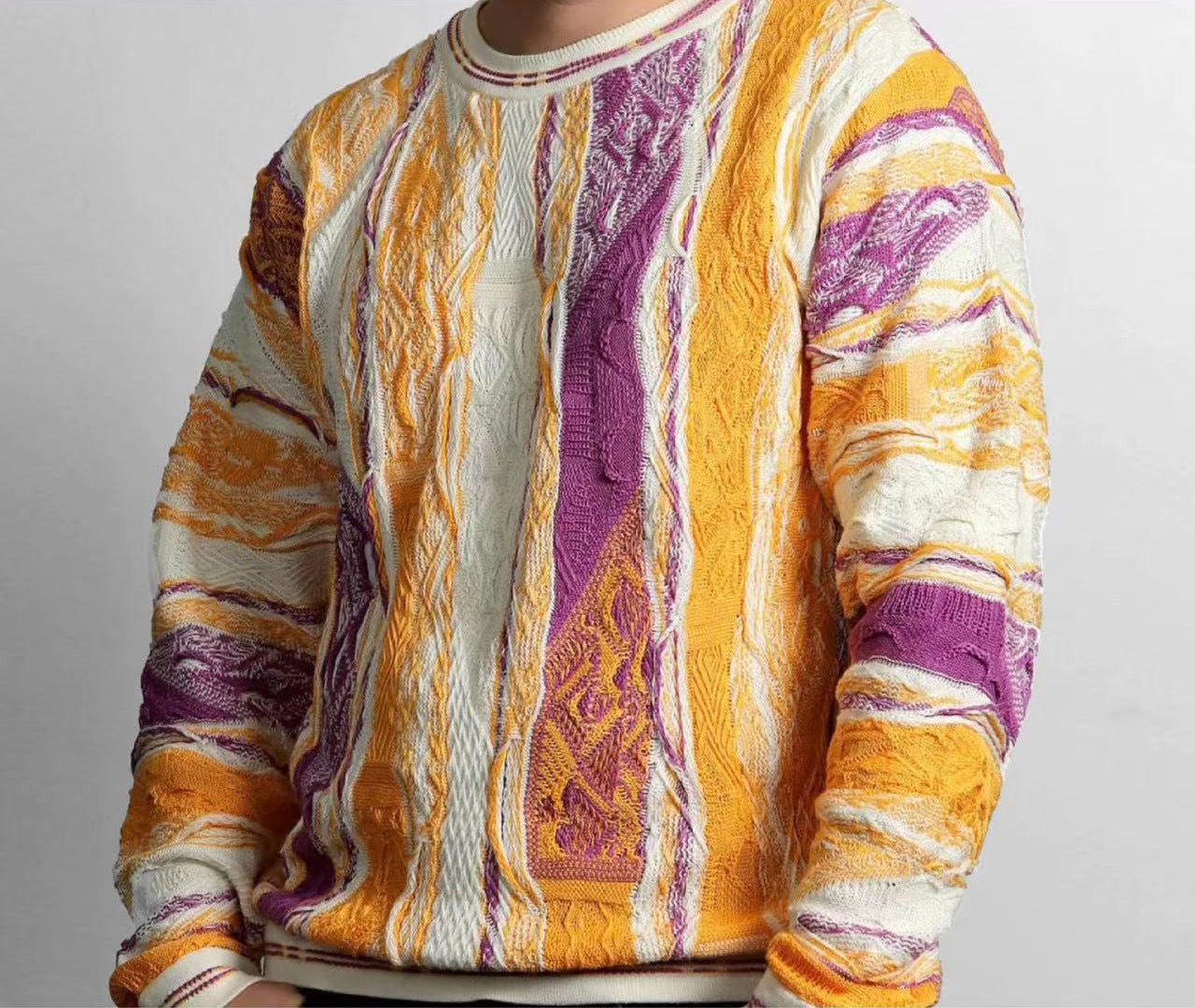 Bitter Melon Jacquard Sweater – Vintage Wave-Contrast Knit, Unisex