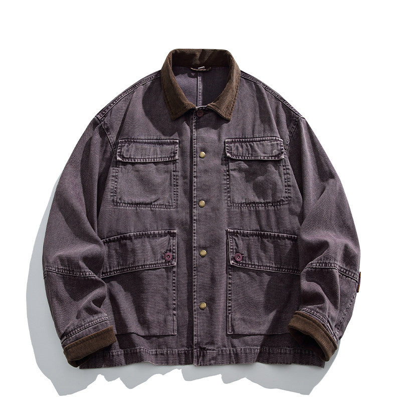 Cotton Cargo Jacket – Corduroy Collar & Four Pockets | Yamalin clothes | Vintage workwear outfit for men