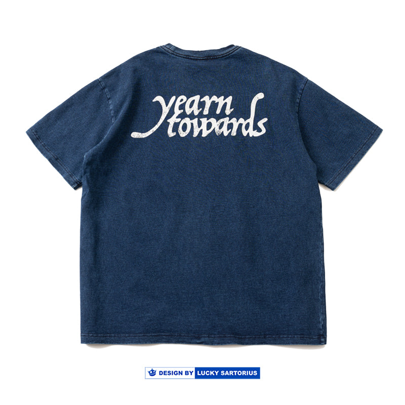 Cotton Indigo washed round collar loose casual short sleeve T-shirt