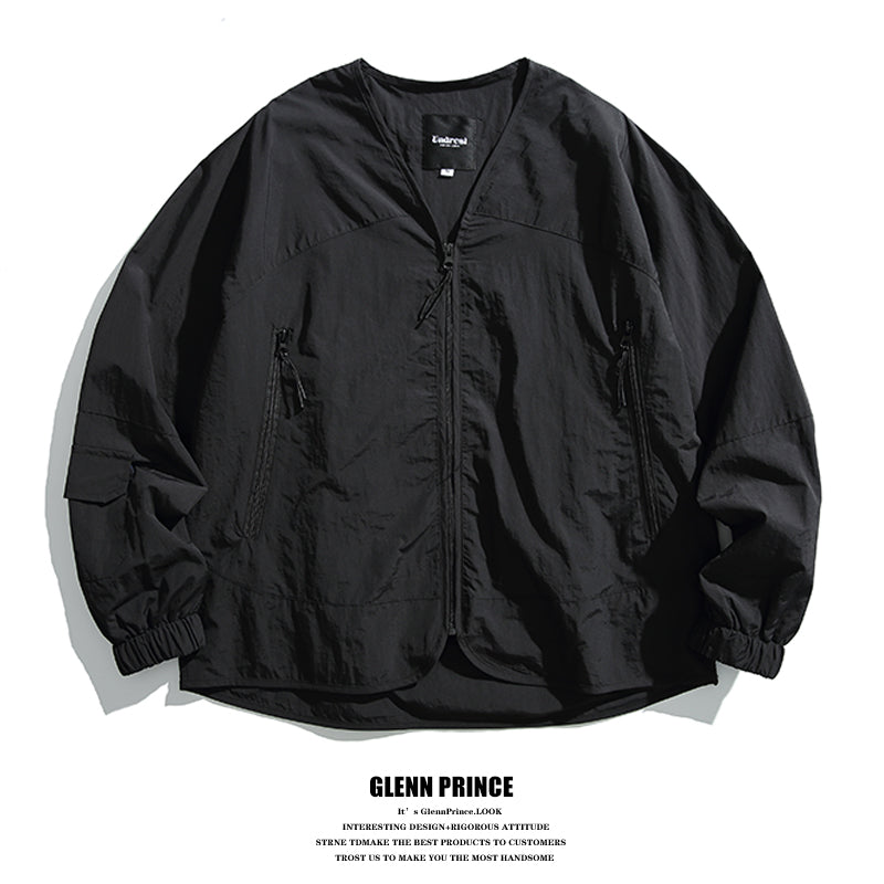 Japanese Vintage V-Neck Thin Cargo Jacket Men's Spring Outdoor Functional Waterproof Collarless Jacket