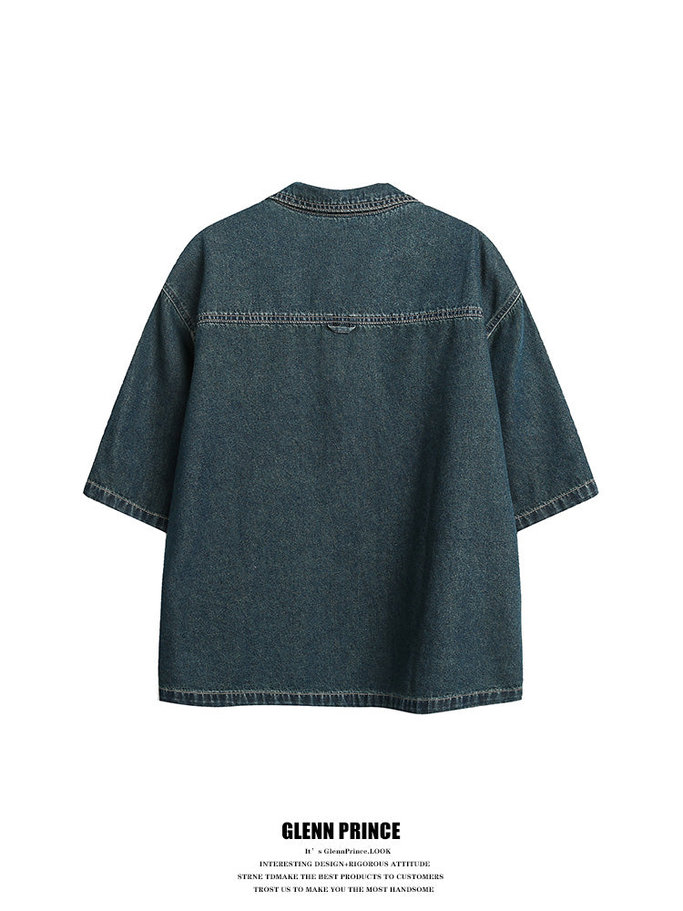 American Vintage Wash Distressed Denim SS Men's Summer Cleanfit Slouchy Shirt Jacket