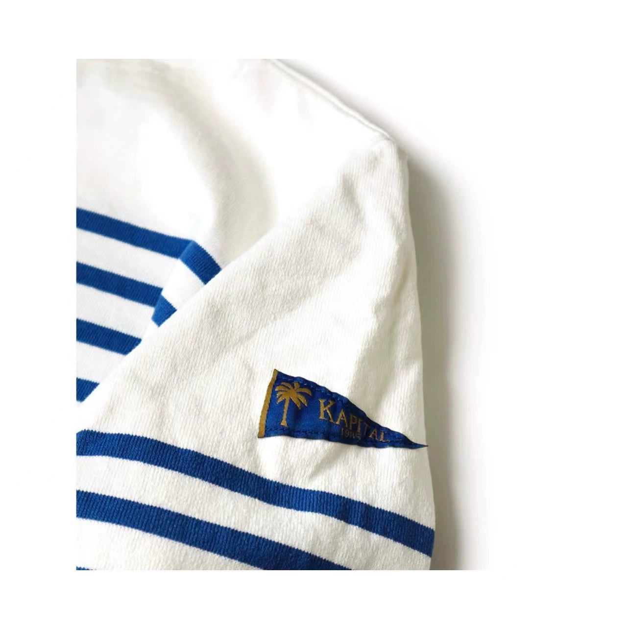 blue and white striped cotton loose three-flag long-sleeved smiley stitching bottoming shirt
