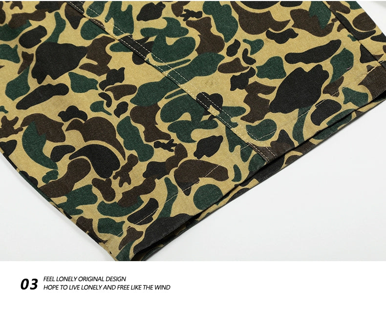 American retro camouflage jeans shorts, men's fashionable summer loose straight pants, street cropped pants