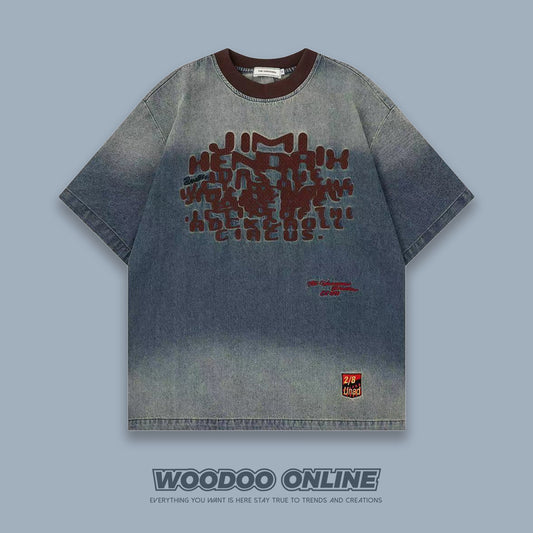 WOODOO Niche Design American Retro Washed Gradient Letter Creative Men's and Women's Short Sleeve T-Shirt