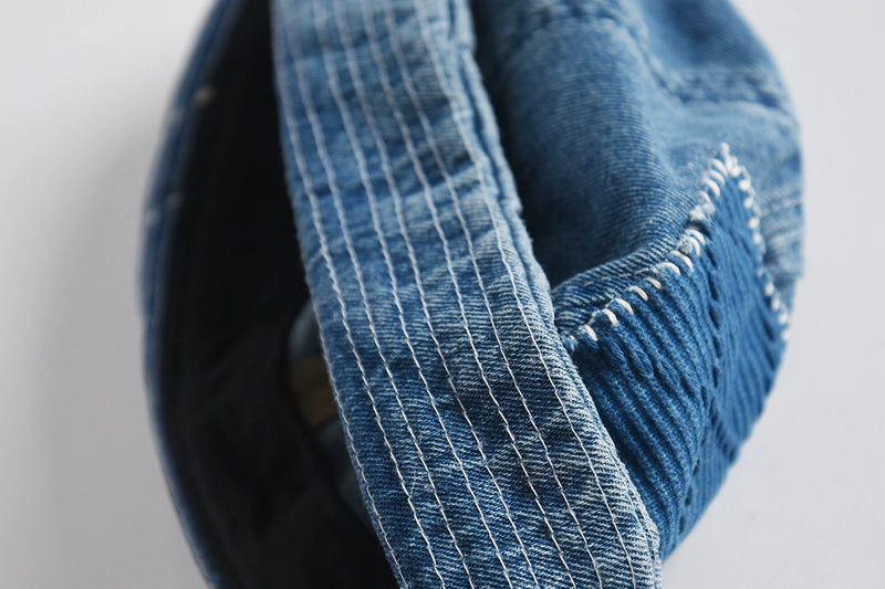 Original design blue dyed ancient cloth stitching denim melon skin hat Japanese retro washed all-match handmade landlord hat for men and women