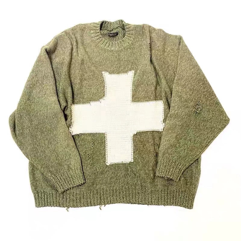 cross pattern ripped round neck sweater pullover long sleeve sweater