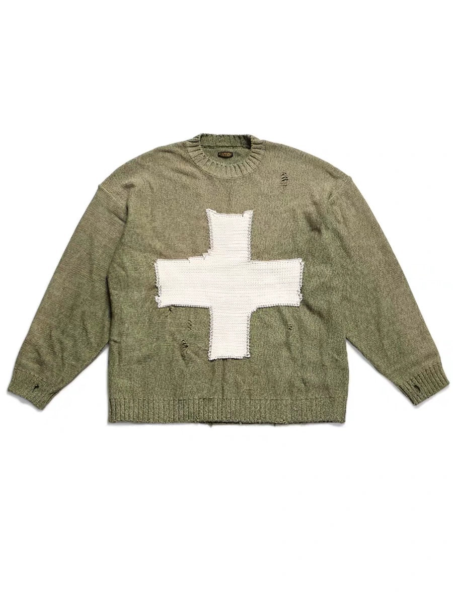 cross pattern ripped round neck sweater pullover long sleeve sweater