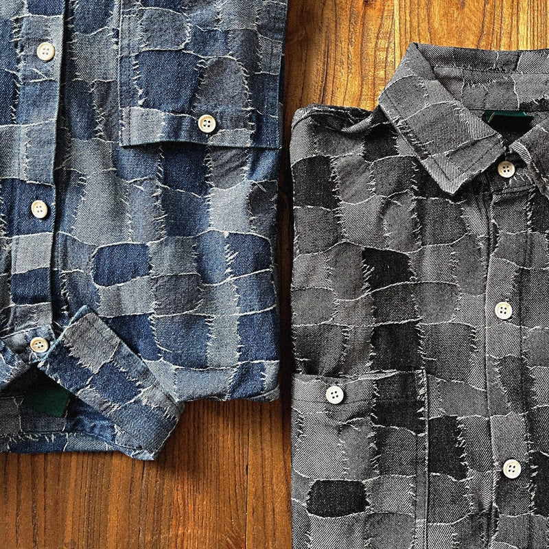 Autumn and winter Japanese patch plaid visual denim shirt cityboy loose version long-sleeved shirt jacket men's tide