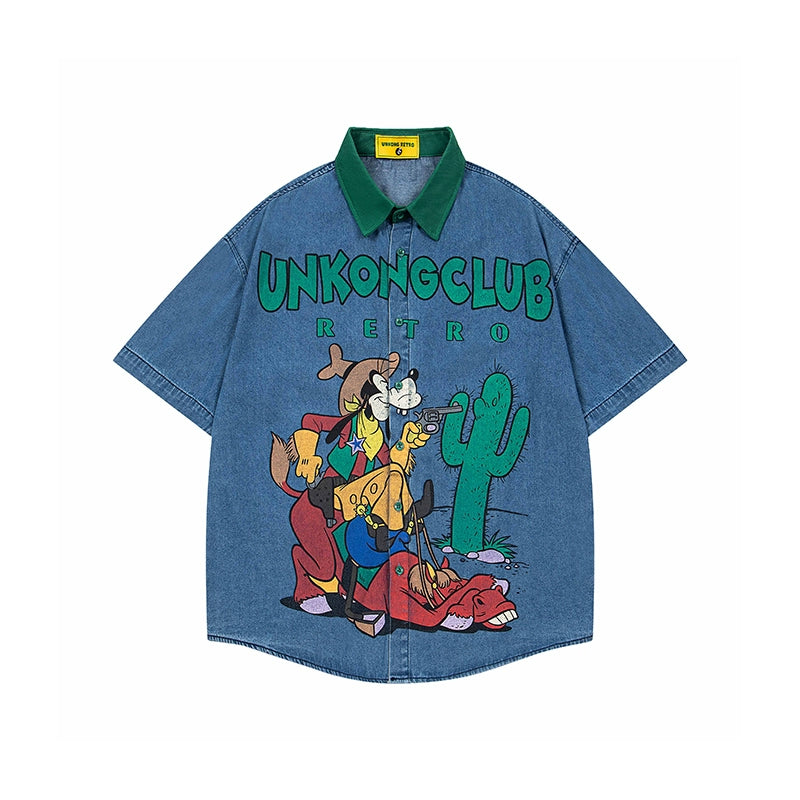 American retro fun cartoon jeans short-sleeved shirt men loose design sense niche shirt