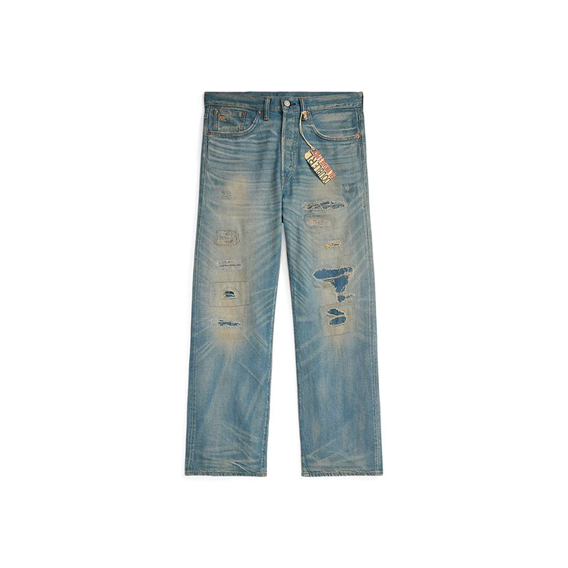 25SS Double R Japanese casual distressed vintage destruction embroidery reshuffled ripped straight-leg denim trousers