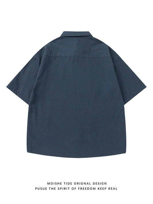 Japanese vintage plaid short-sleeve shirt for men and women, summer loose versatile, high-end shirt trend