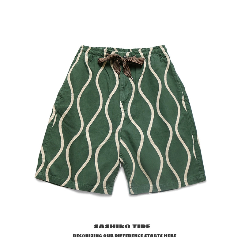 cotton, linen and water ripple printing Japanese trend tethered casual work shorts