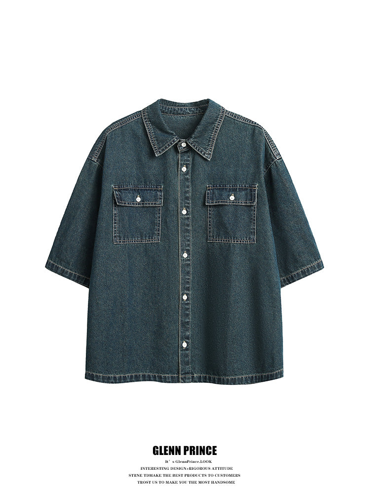 American Vintage Wash Distressed Denim SS Men's Summer Cleanfit Slouchy Shirt Jacket