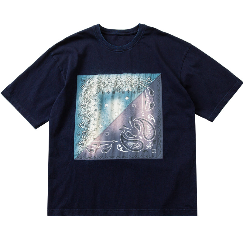 Indigo dyed short-sleeved T-shirt starry tie-dyed patch loose summer cotton half-sleeve T-shirt