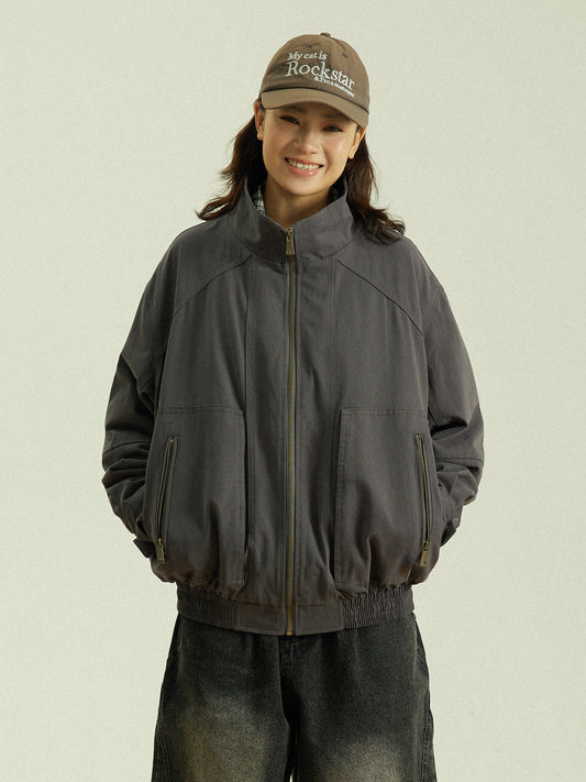 Vintage Patchwork Stand-Collar Jacket – Oversized Unisex Zip Pocket Coat