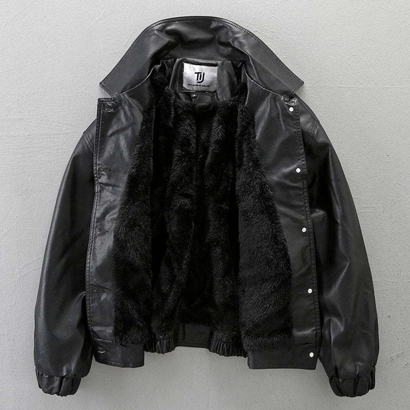 Badge Embroidered PU Leather Biker Jacket – Oversized Unisex | Yamalin clothes | Vintage workwear outfit for men