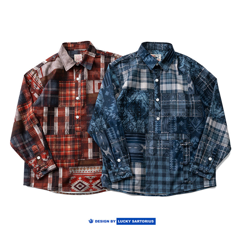 American retro Horner irregular plaid long sleeve shirt