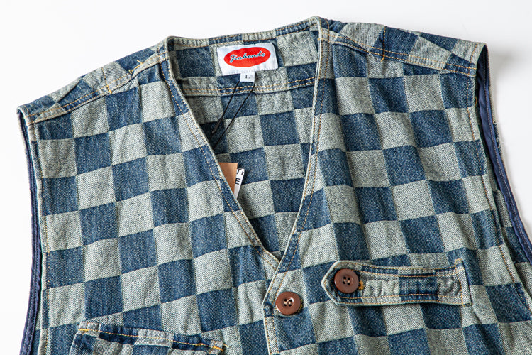 American casual retro plaid denim vest multi-pocket denim sleeveless overalls vest young couple waistcoat