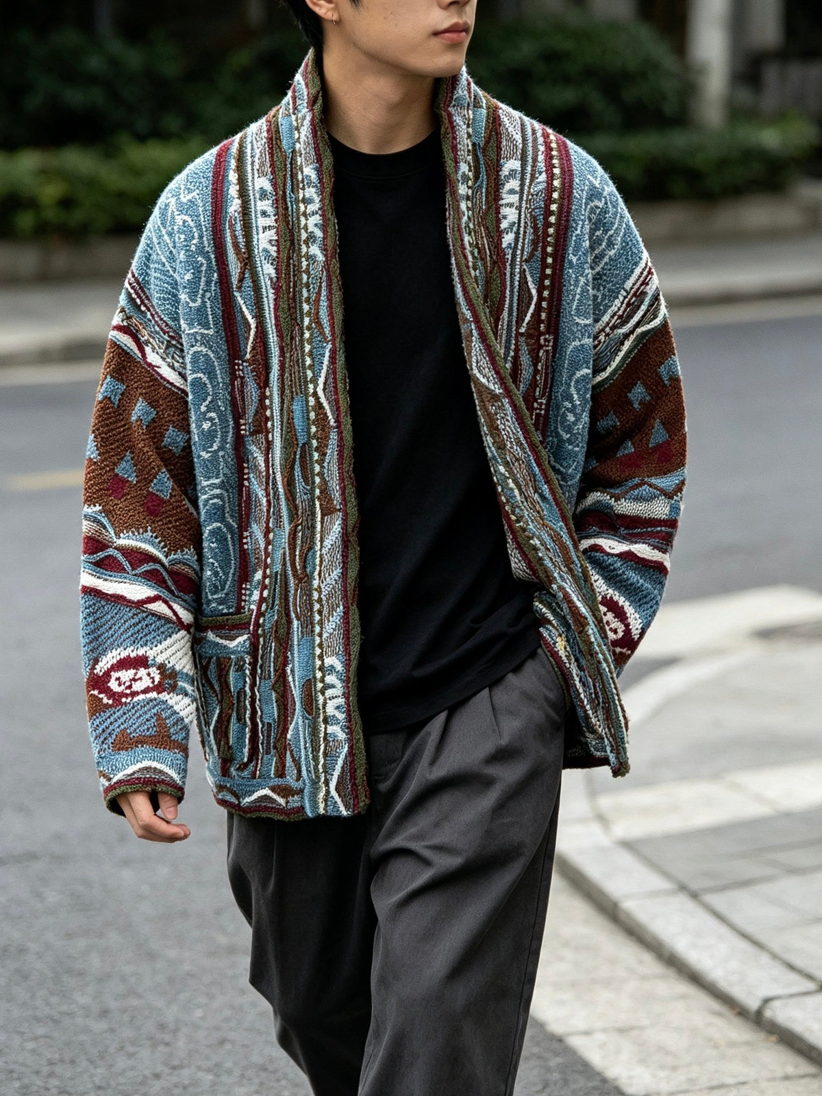 Cotton Jacquard Cardigan – Textured Open Front | Yamalin clothes | Vintage workwear outfit for men