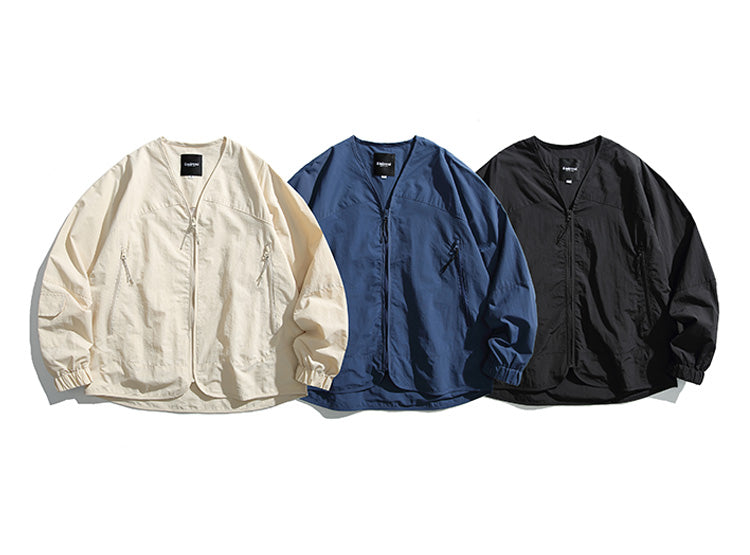 Japanese Vintage V-Neck Thin Cargo Jacket Men's Spring Outdoor Functional Waterproof Collarless Jacket