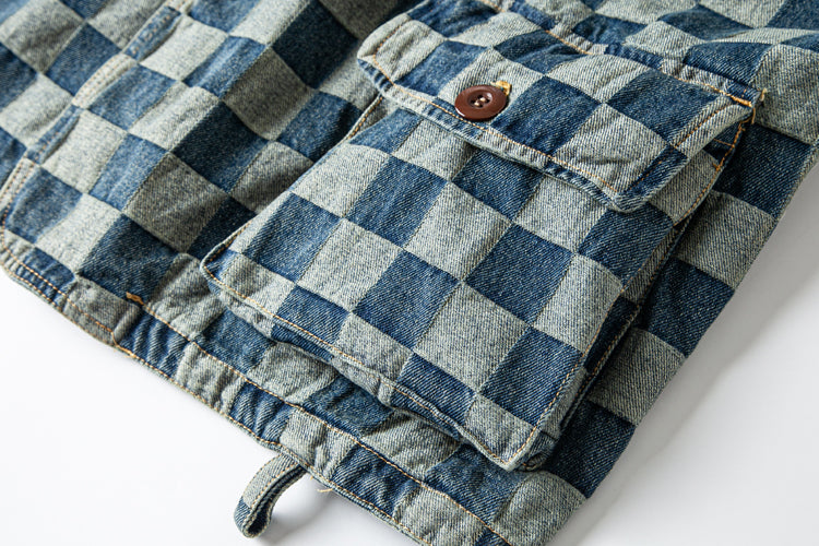 American casual retro plaid denim vest multi-pocket denim sleeveless overalls vest young couple waistcoat