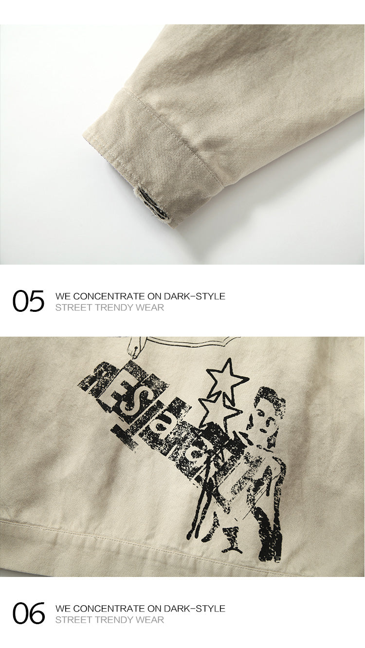 American vintage distressed graffiti contrast lapel Detroit jacket men's ruffian spring and autumn cargo coat