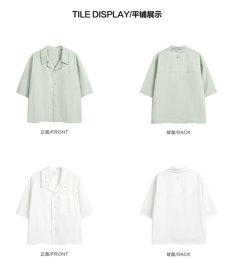 Korean version solid color Cuban collar short sleeve shirt men's summer cleanfit cropped non-iron ice silk shirt