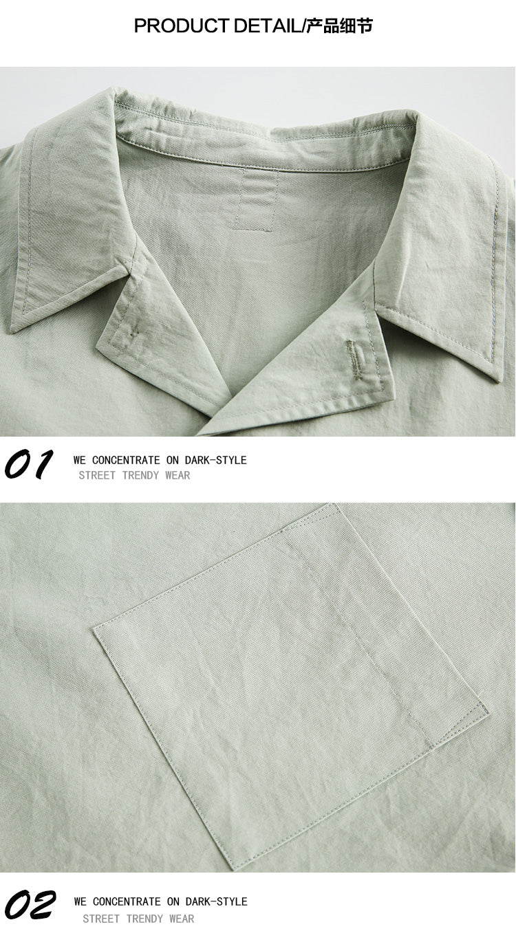 Korean version solid color Cuban collar short sleeve shirt men's summer cleanfit cropped non-iron ice silk shirt