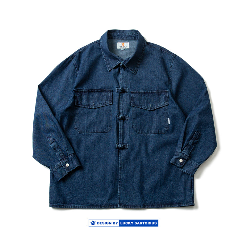 Chinese style plate button element cityboy loose shoulder sleeve profile washed indigo long-sleeved shirt jacket men