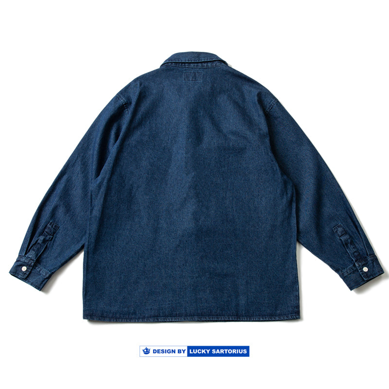 Chinese style plate button element cityboy loose shoulder sleeve profile washed indigo long-sleeved shirt jacket men