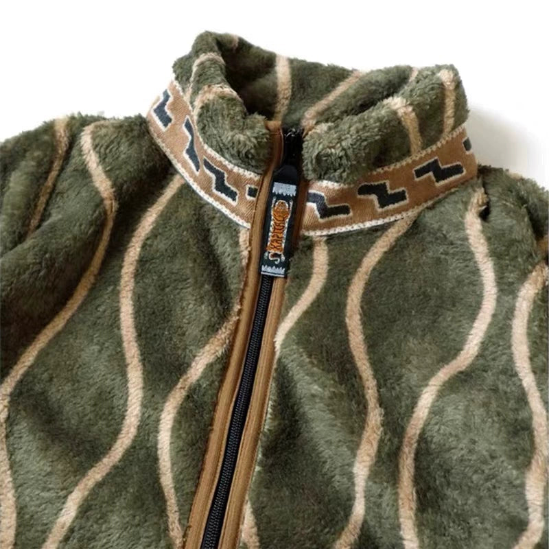 Japanese Tang grass fleece wavy stripe fleece zipper jacket