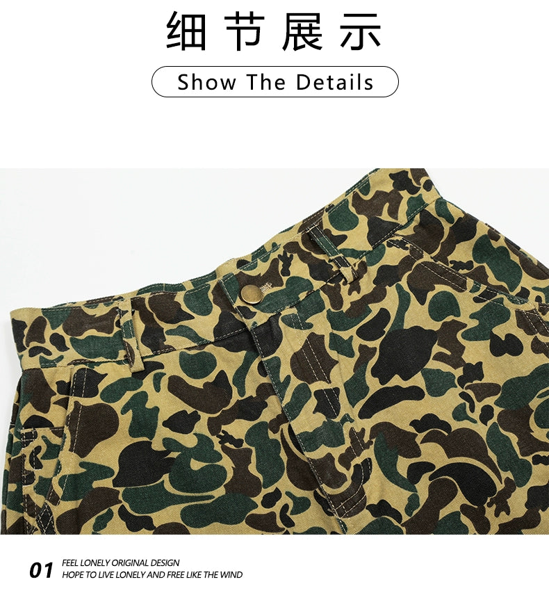 American retro camouflage jeans shorts, men's fashionable summer loose straight pants, street cropped pants