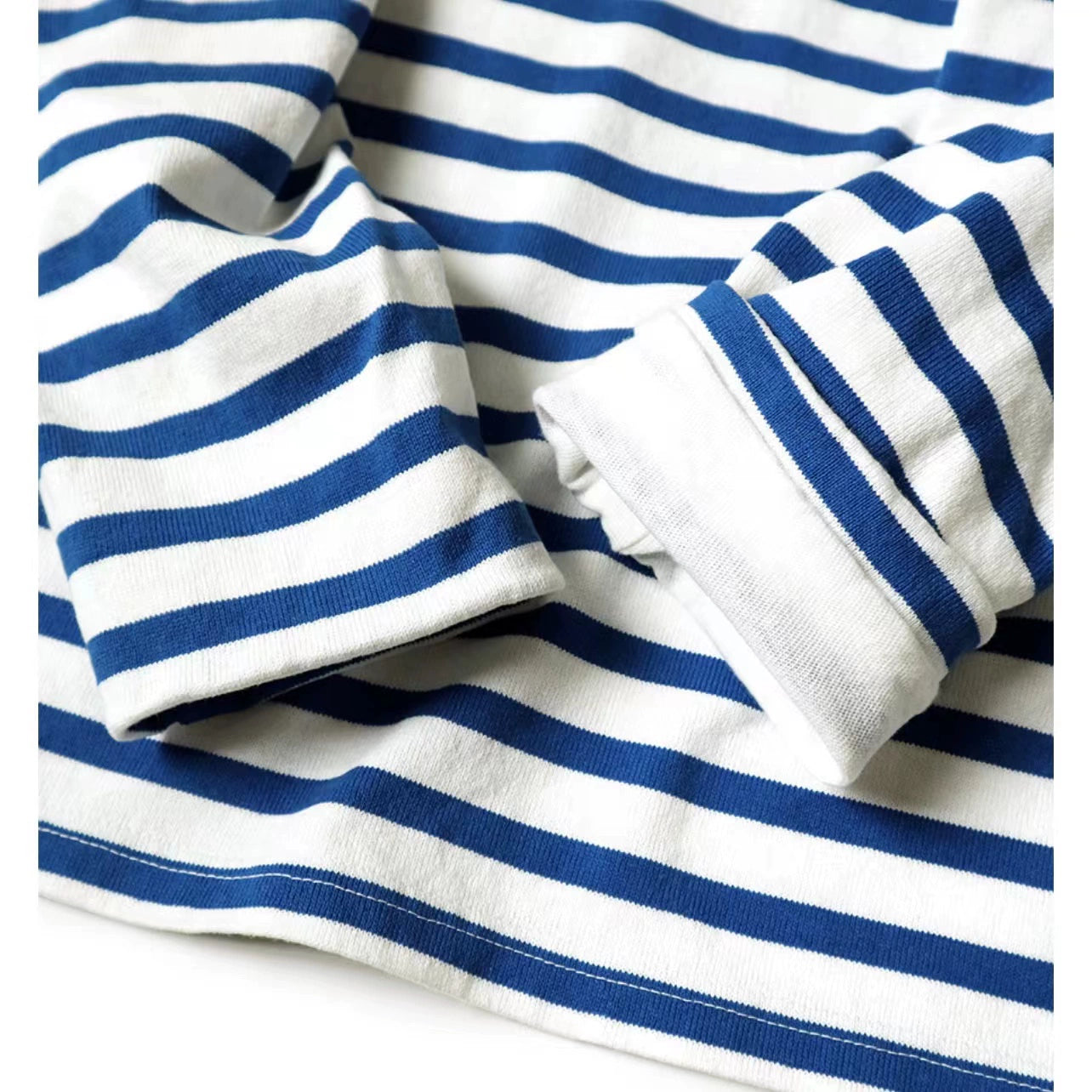 blue and white striped cotton loose three-flag long-sleeved smiley stitching bottoming shirt
