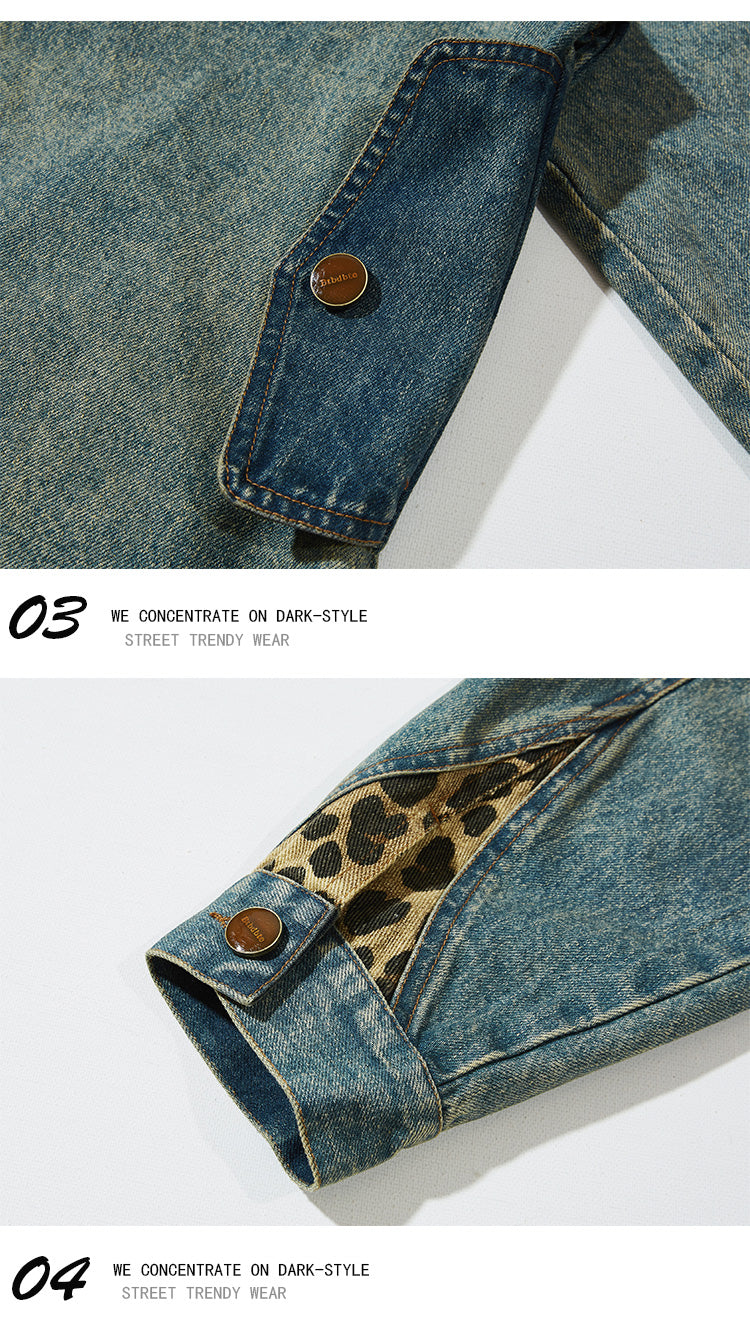 American Vintage Wash Panelled Leopard Print Lapel Denim Jacket Men's Spring Niche BF Baggy Jacket