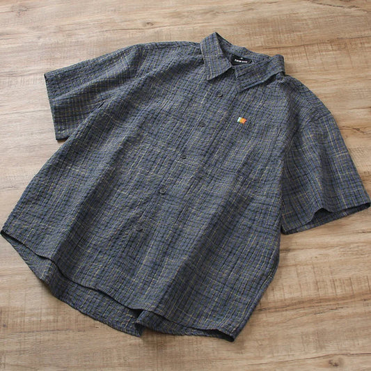 Japanese Seersucker Plaid Short Sleeve Shirt - Loose Casual Literary Summer Shirt for Men