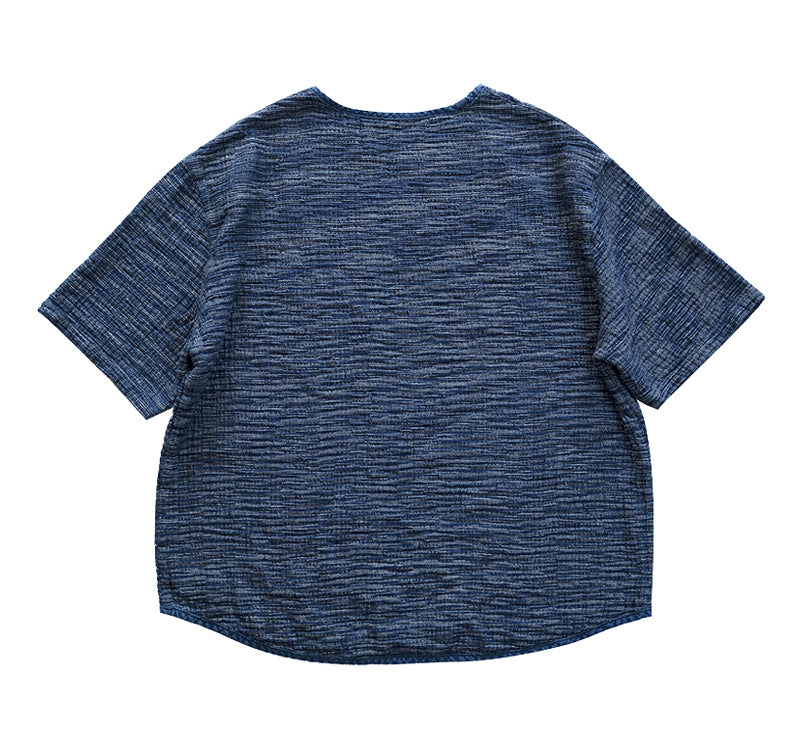 Original Japanese Retro Blue Dyed Sashiko & Kasuri Loose Fit Crew Neck Short Sleeve T-Shirt