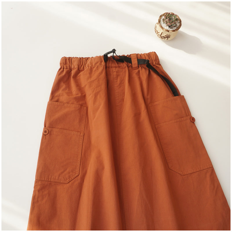 Japanese-Style Patchwork A-Line Skirt – High-Waist Loose Fit with Elegant Elastic Waist