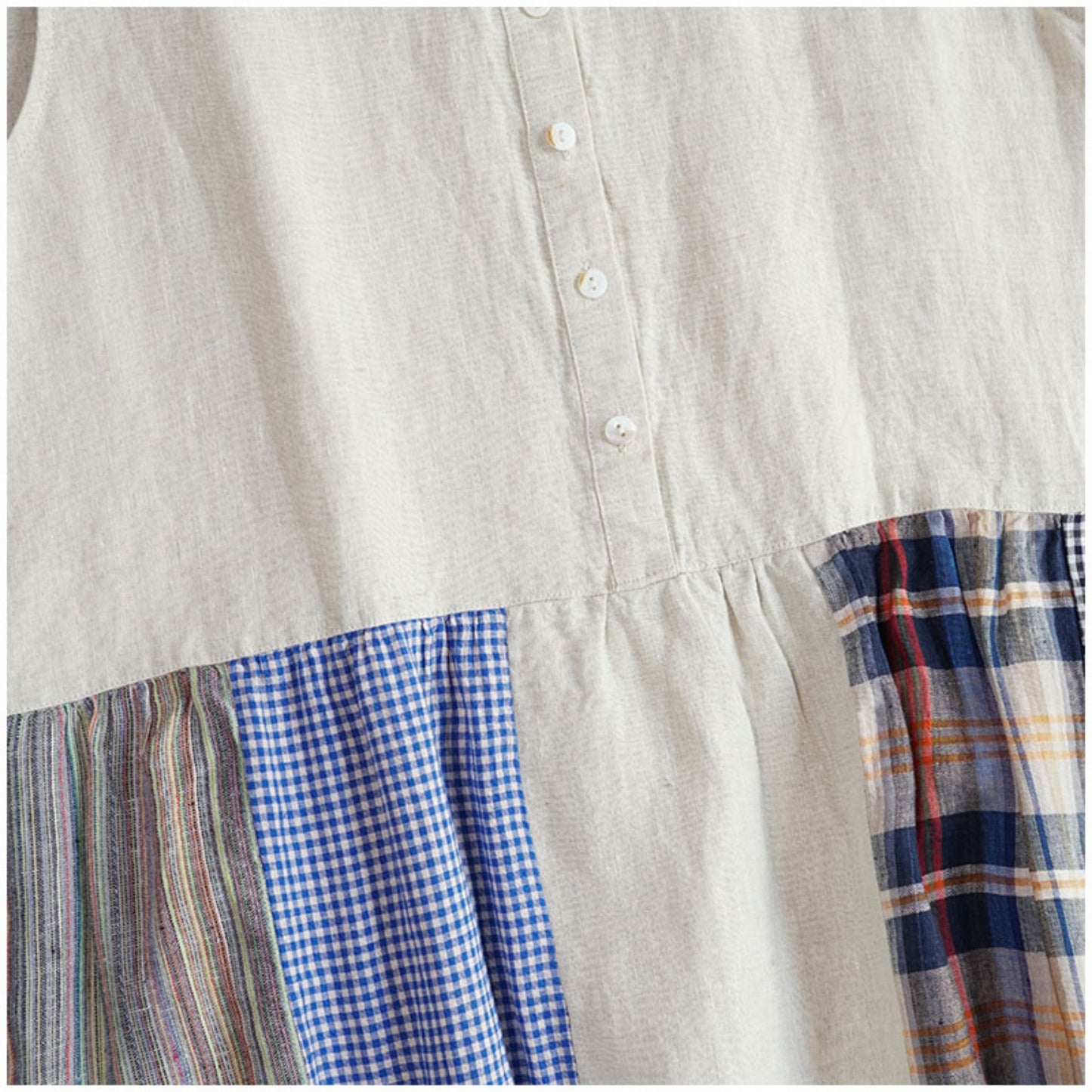 Linen Color-Block Mori Girl Tank Dress – High-Waist, Loose, Round Neck