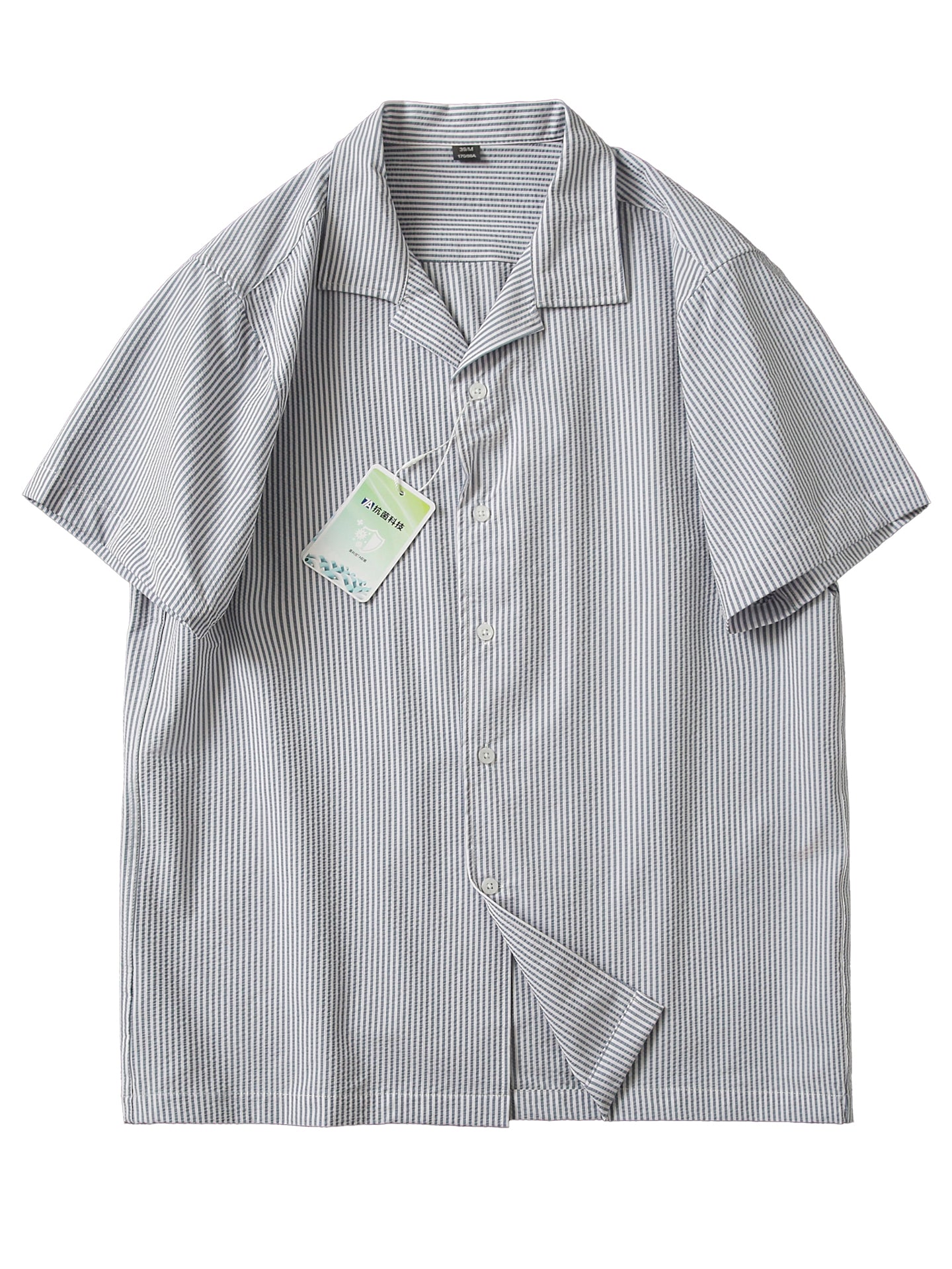 Bubble Gauze Texture 7A Antibacterial Cool Summer Men's Cuban Collar Striped Short Sleeve Shirt Top